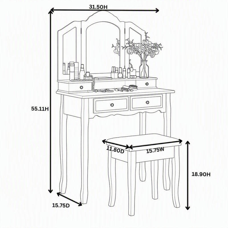 Ensemble coiffeuse et tabouret Sanlo en bois avec miroir biseauté à 3 panneaux, 4 tiroirs et quincaillerie en nickel brossé, finition argentée.