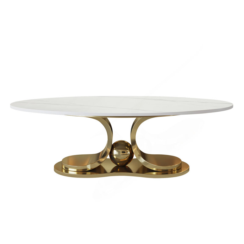 Table basse 49,2 "en faux marbre moderne avec plateau en pierre frittée, table de salon avec base en acier inoxydable