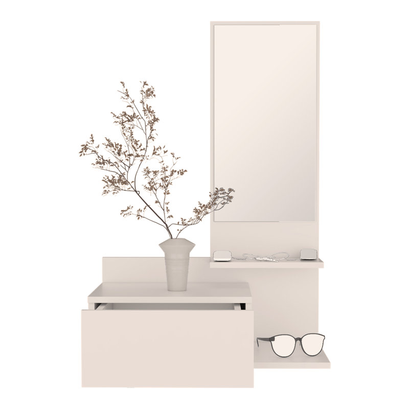 23.6" Wide 3-Tier Shelf  Floating  Mirror Console Table, Full Extension Drawer White, White
