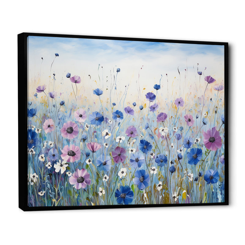 Divine cornflowers Blooming Field III - Art mural champ de fleurs, Cadre flottant noir, H 16 po x l 32 po x P 1 po