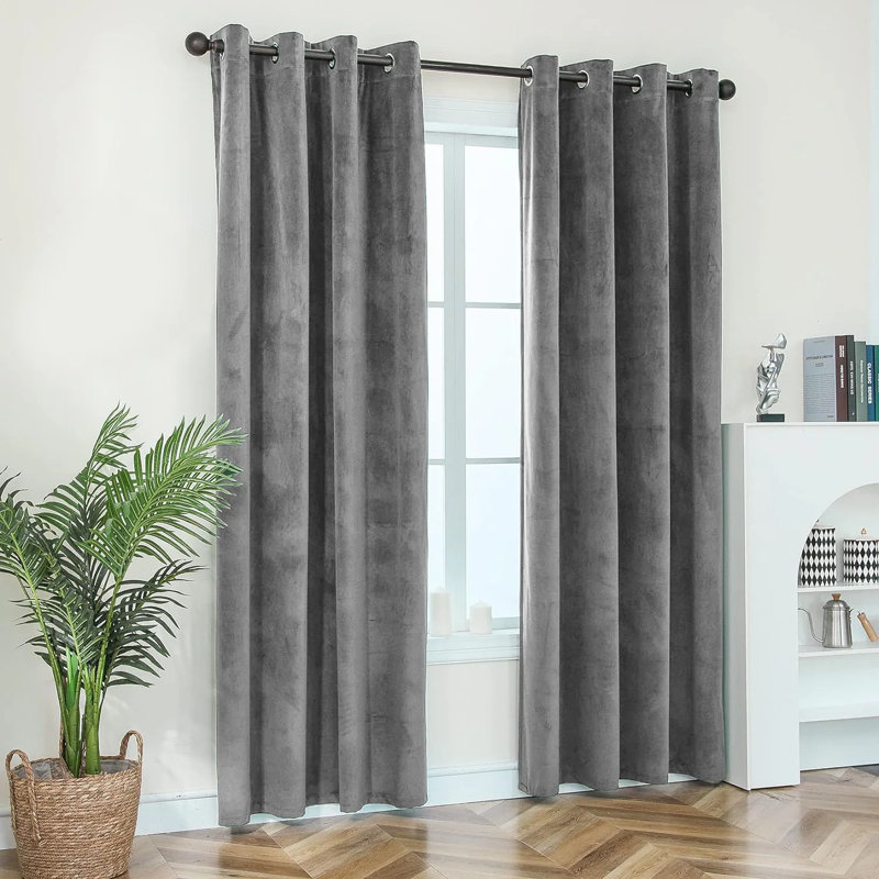 Crushed Velvet Eyelet Ready Made Thermal Drape & Curtain, 117cm Width x 137cm Drop, Grey