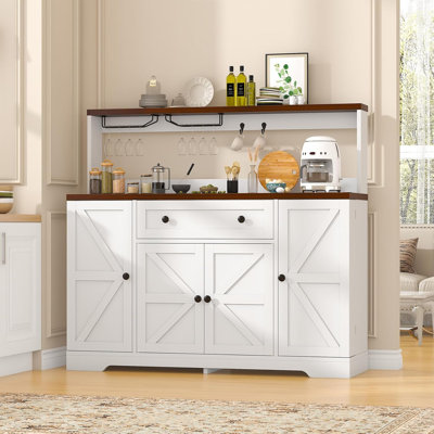 Hutch Storage Buffet Cabinet with Drawers, and Charging Station, Coffee Bar Cabinet with Spice Rack , Wine Rack and Hooks,White Wood Sideboard Buffet for Kitchen, Dining Room, 47.8" High