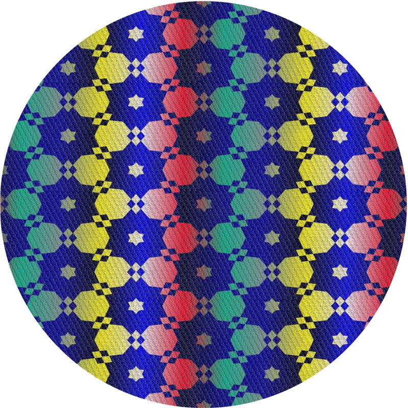 Tapis géométrique tissé à la machine en laine / polyester jaune / bleu / rouge, Rond 6 pi