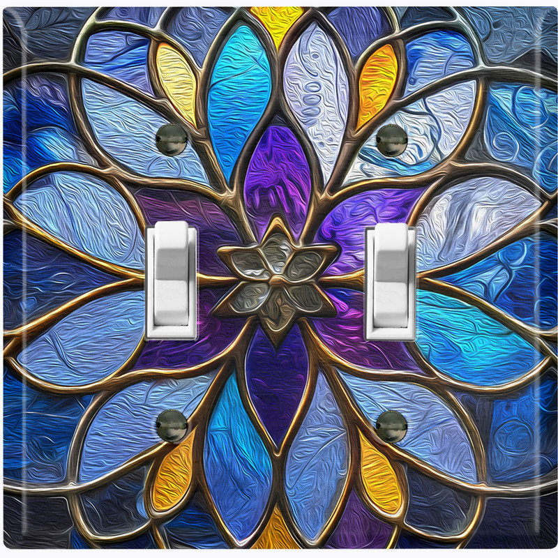 Couvercle de plaque d'interrupteur en métal; Bascule à deux bandes standard américain - Image imprimée d'une fleur de mandala en vitrail