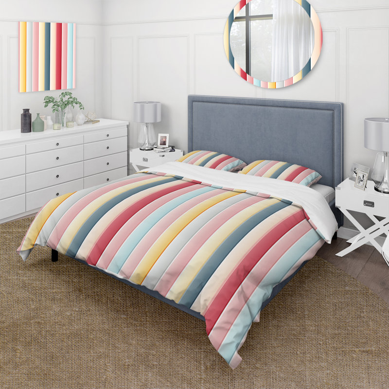 Literie pastel à rayures rétro, Housse de couette pour grand lit et 2 taies décor