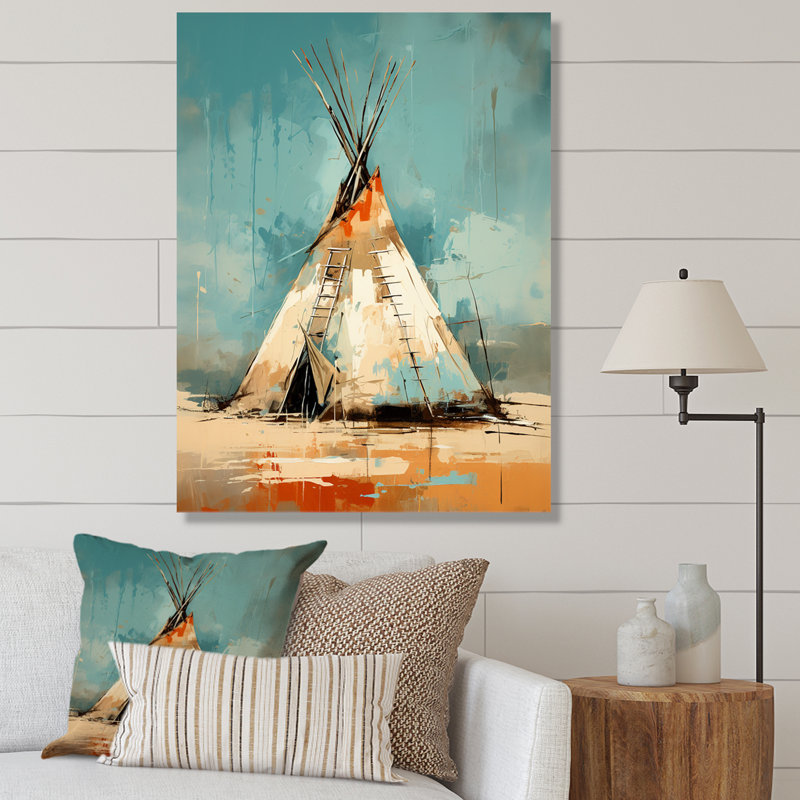 «Turquoise Beige Native Tent Whispers of Spirit - Art amérindien, art mural, H 40 po x l 30 po x P 1,5 po, Cadre photo noir