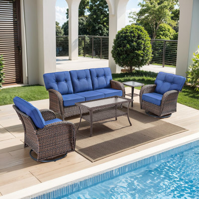 Fiorillo 5-Piece Outdoor Wicker Patio Conversation Set With 5" Thick Cushions And 2 Swivel Chairs
