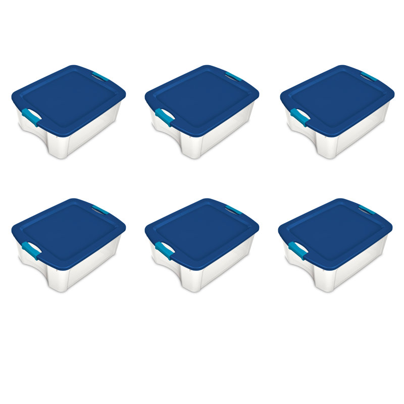 Sterilite Latch & Carry Plastic Storage Tote Container Box, Blue/White, 6-Pack, 48 Quart
