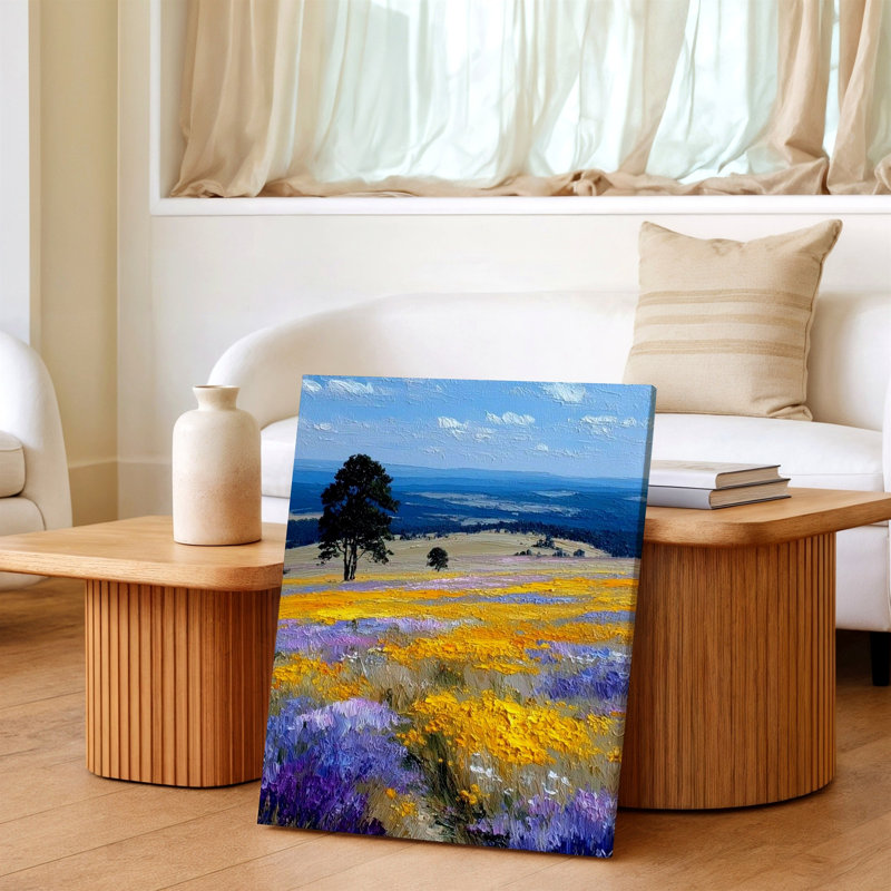 Reproduction d'art sur toile Wildflower Meadow Landscape, champ, arbre, chemin, ciel bleu, 18 x 24 in