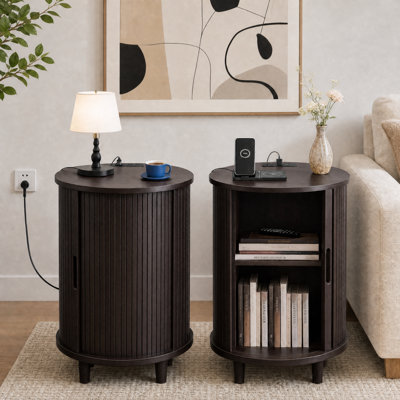 23.6"H Round Fluted End Table With Charging Station & Sliding Door Storage