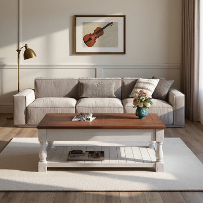 Table basse de style champêtre avec plateau relevable, rangement dissimulé et étagère ouverte, en bois massif bicolore.