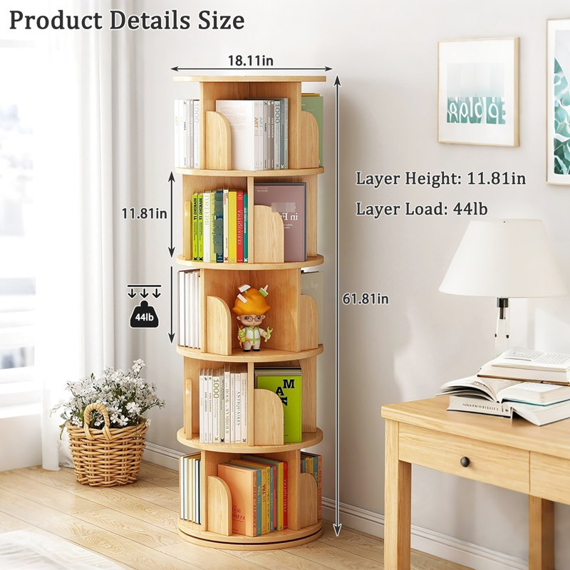 Bibliothèque rotative à 5 niveaux à rotation sur 360 ° avec bord incurvé, déflecteur enveloppant et grand espace de rangement pour les petits espaces dans la chambre à coucher, le bureau, la base en bois à double couche avec affichage couleur, bord stable