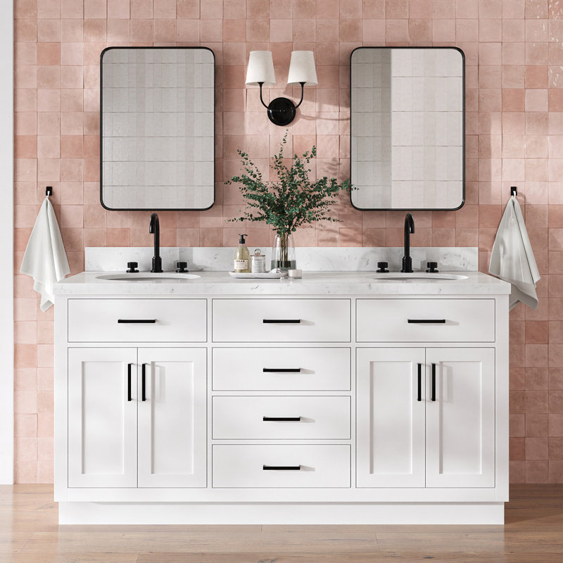 Base de meuble-lavabo double en bois massif 66 po Osoria, Blanc
