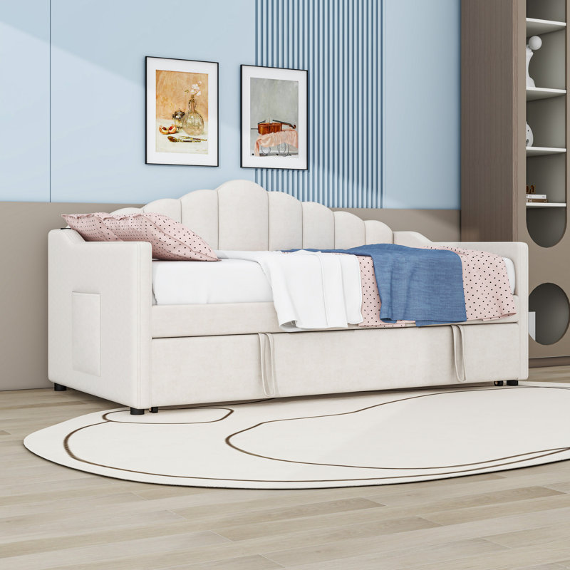Twin Upholstered Daybed with Pop Up Trundle, USB Port and Side Pockets, Beige