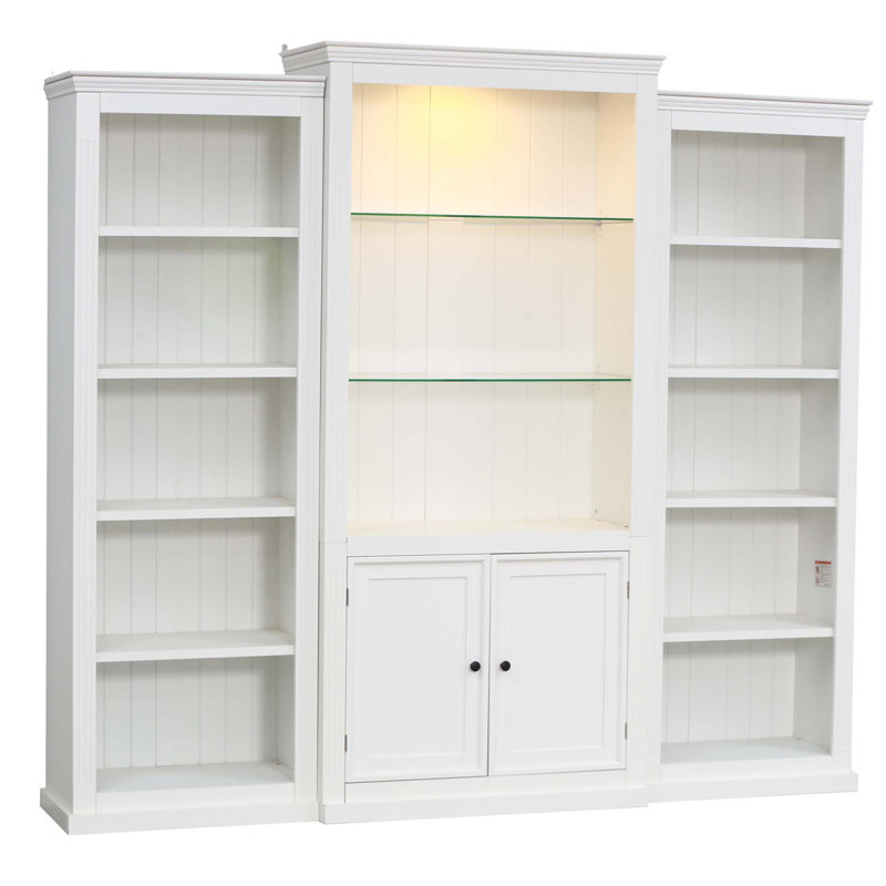 3-Pieces Bookcase Display Cabinet With 5 Colors Adjustable LED Ceiling Light, Retro Style Bookshelves With Tempered Glass Shelves For Living Room,Office,Studio Or Workspace