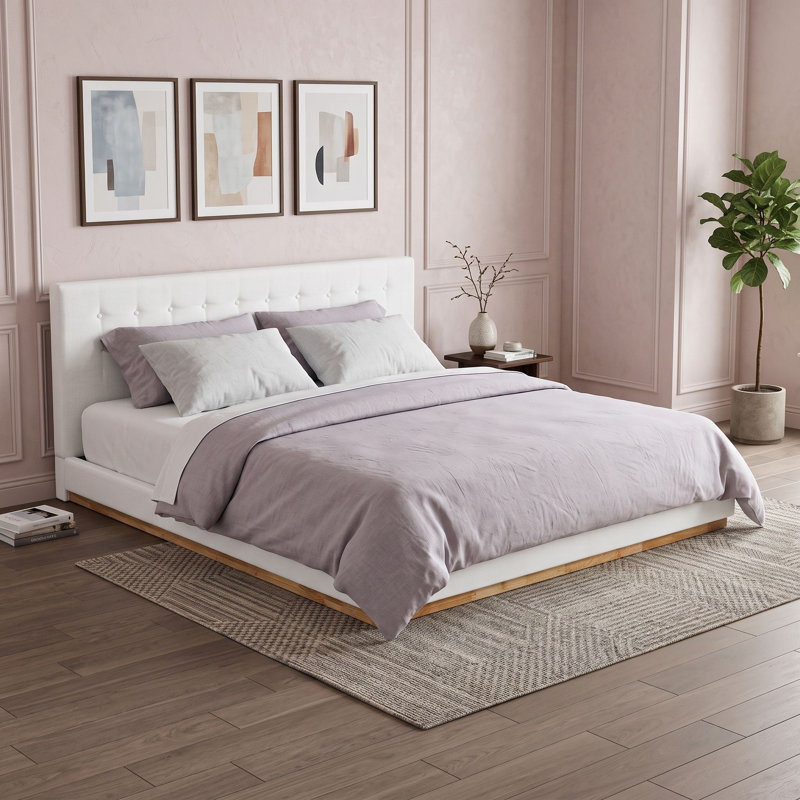 King Wood Platform Bed with Upholstered Headboard