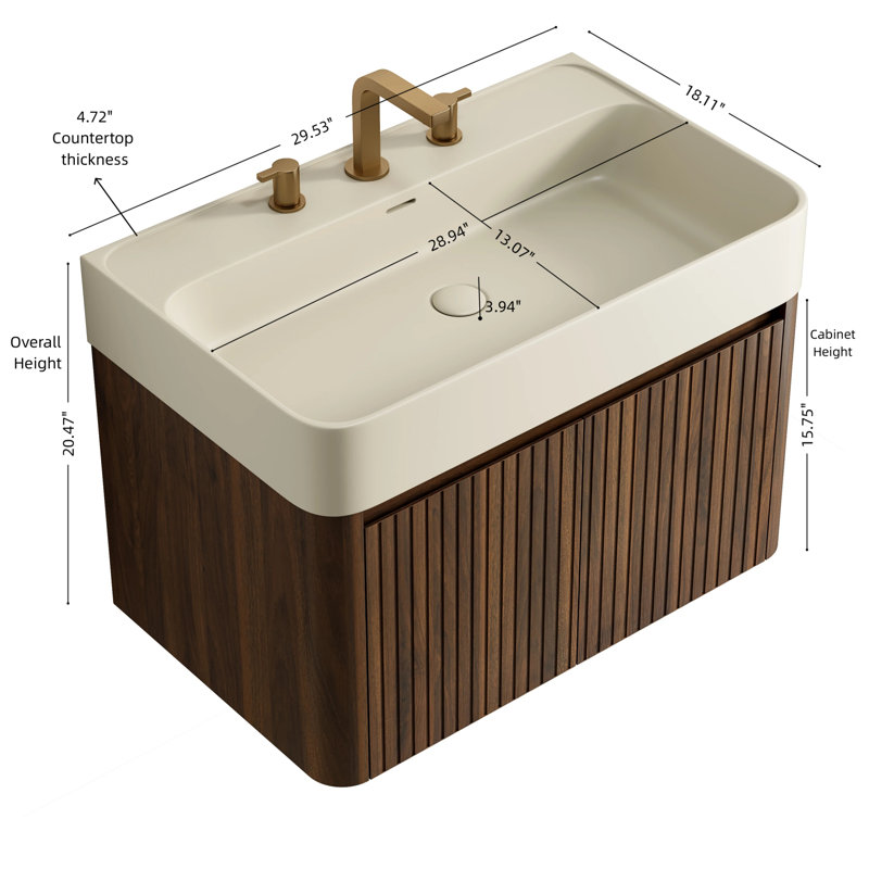 Meuble-lavabo moderne, rangement en bois de noyer de 24 po, 29.53