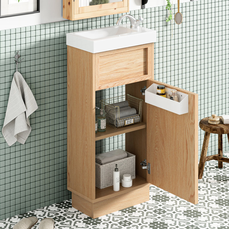 Meuble-lavabo rustique de 15,44 po avec lavabo réversible en résine, tablette réglable, porte à ouverture facile, fermeture en douceur, finition grain de bois pour les petits espaces de petite taille
