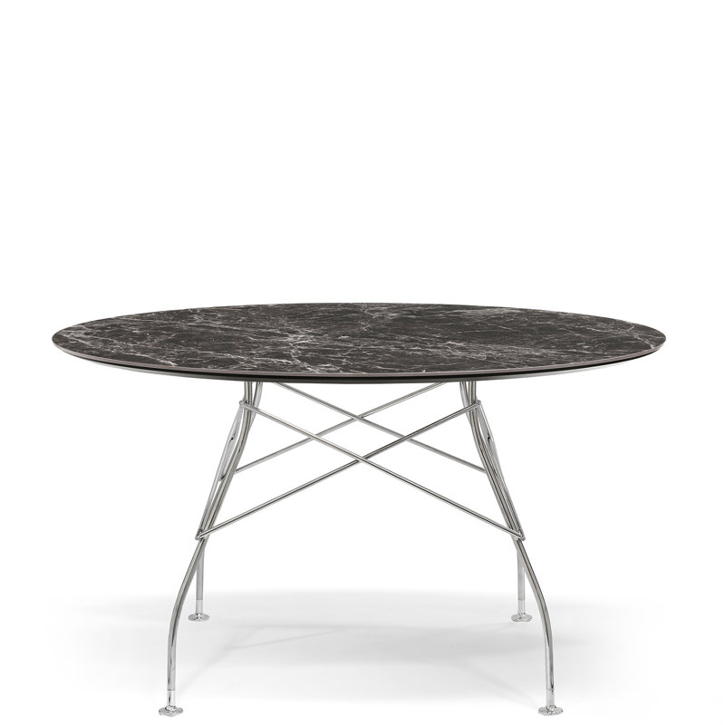 Glossy Round Dining Table, 50.39" W x 50.39" L, Chrome, Symphonie Marble