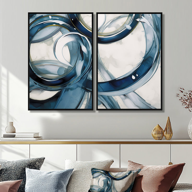 Blue Circle Whirls - Abstract Modern Spiral, reproduction d'art sur toile, Noir, H 36 po x l 48 po