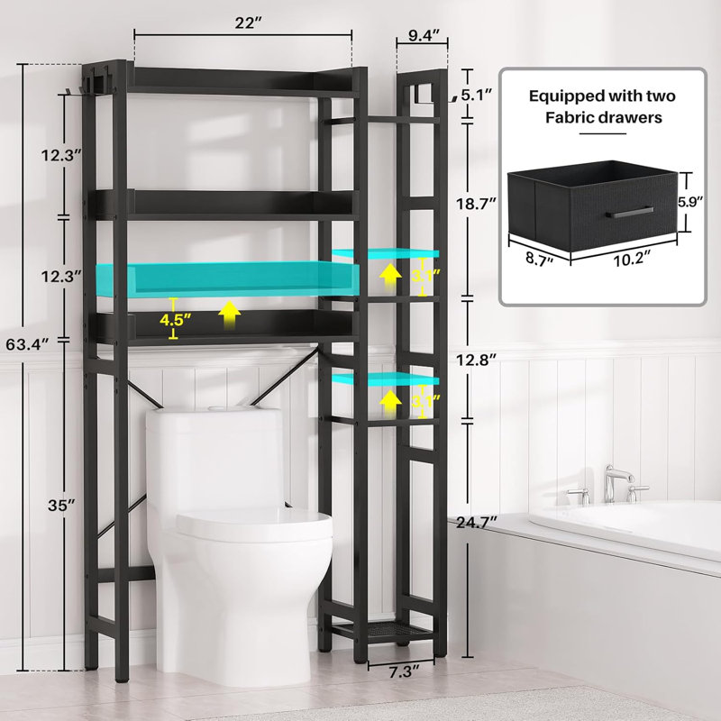 Over toilet storage rack with 2 drawers - 7 tier bathroom organizer for toilet, Black