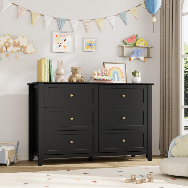 Commode 6 tiroirs avec boutons en métal, double commode en bois de 47,2 po pour le couloir de l'entrée de la chambre à coucher