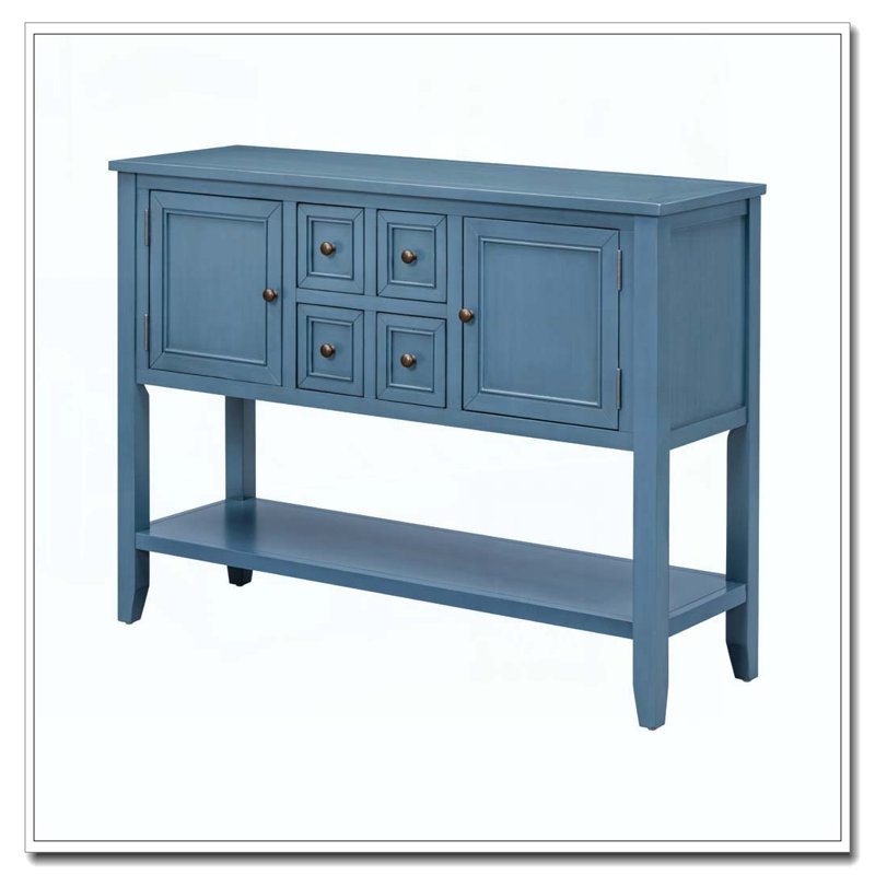 Console de rangement rétro avec quatre petits tiroirs et une tablette inférieure, Bleu marine clair