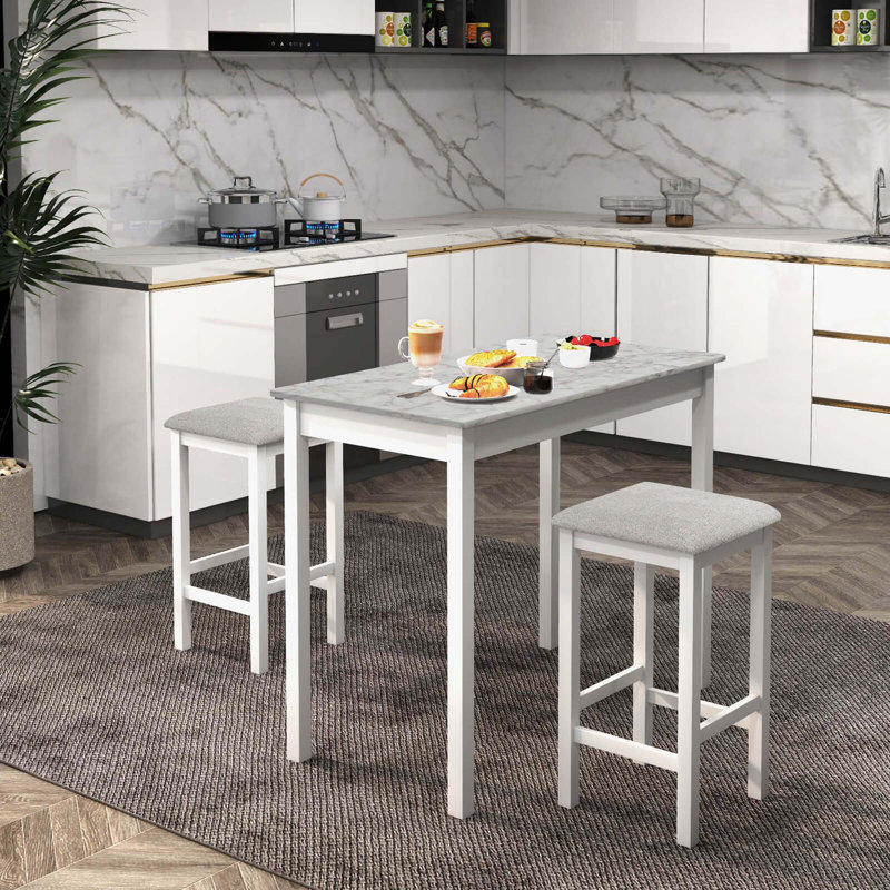 Ebern Designs 3 Pcs Bar Table Set Dining Table & 2 Linen Fabric Padded Bar Stools Faux Marble White