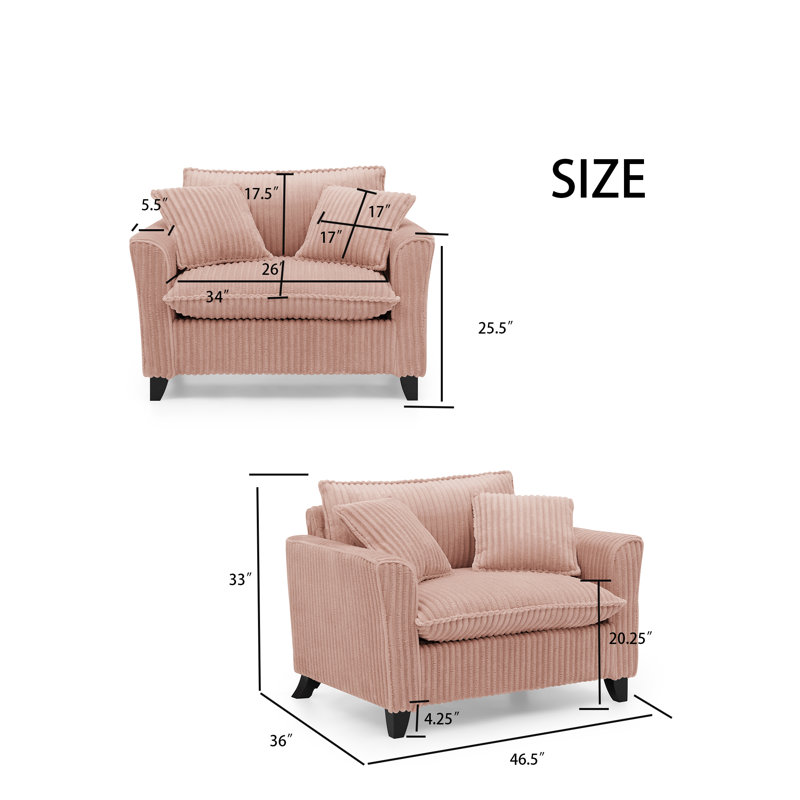 Fauteuil paresseux en velours côtelé l 46,5 po, fauteuil d'appoint rose avec dossier ergonomique et coussin moelleux