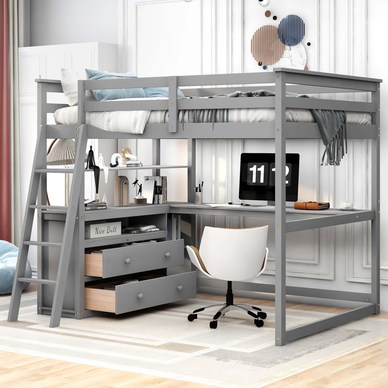 Lit mezzanine double avec bureau et tablettes, deux tiroirs intégrés, gris