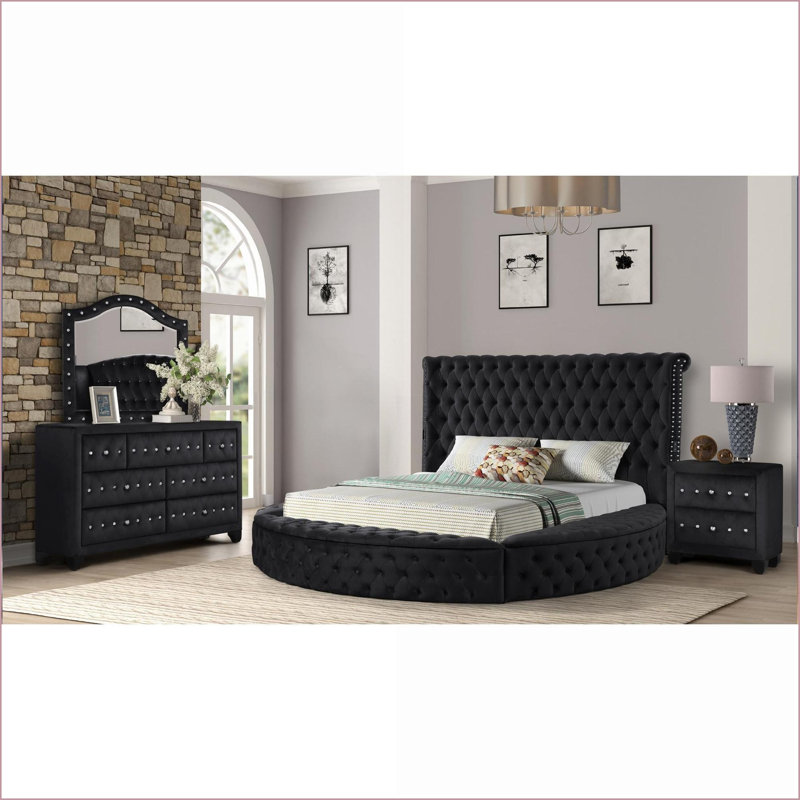 Ensemble de chambre à coucher, grand lit contemporain en bois massif 5 pièces avec rangement, USB et amp; Bluetooth, noir | Bois | Lits standard