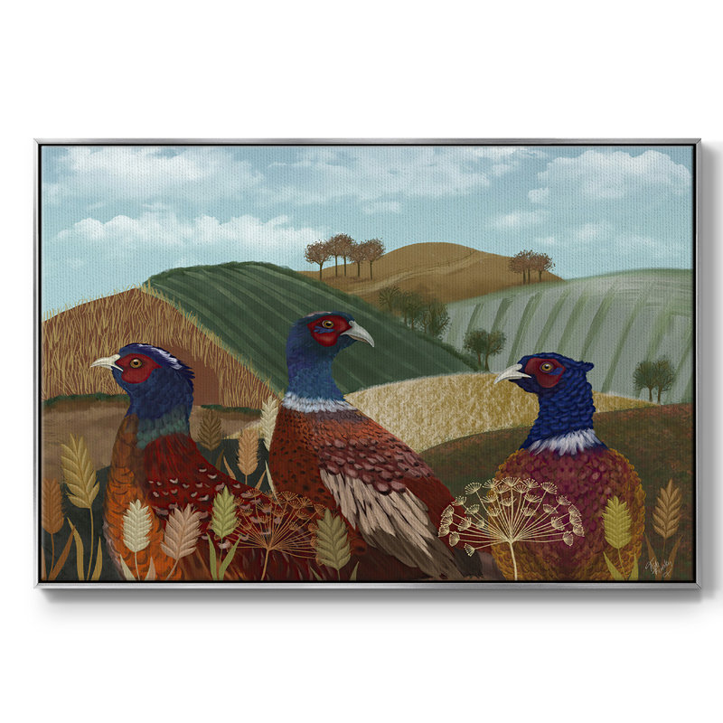 «Pheasant Trio in Field», reproduction sur toile flottante, H 17 po x l 25 po x P 2 po, Toile argentée avec cadre flottant