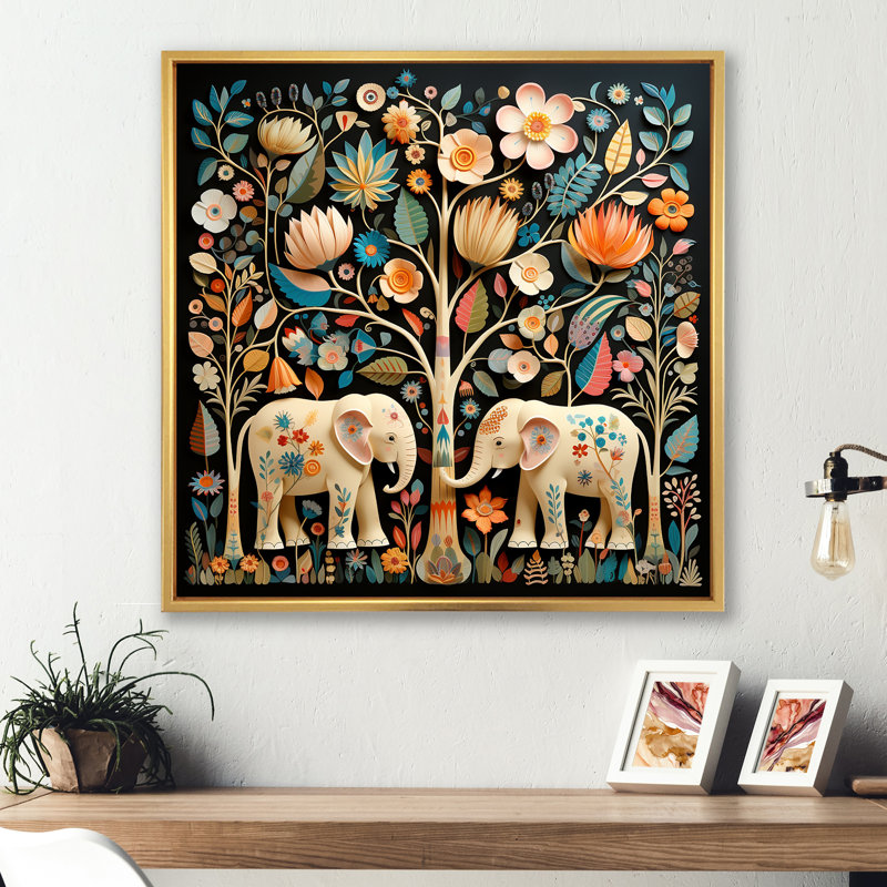 Art indien, éléphants de Jaipur 4 - Art indien, impression d'éléphants, H 16 po x l 16 po x P 1 po, Doré