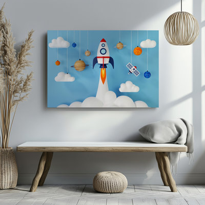 Canvas A Whimsical Child Friendly Illustration Depicting A Colorful Rocket Launching Wall Art Upward Amidst Fluffy White Clouds Canvas Wall Art