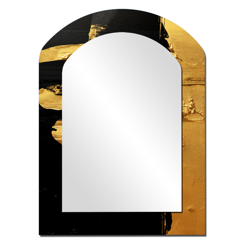 Gold Black Japanese sign Calligraphy II - Japan Arch Wall Mirror, Gold Asymmetrical Decorative Mirror, Printed Metal Art