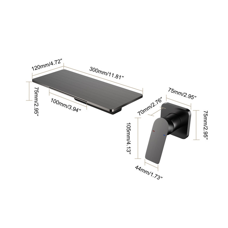 Waterfall Style Bathroom Sink Tap - Brass, Gunmetal Finish, Single, Wall Mount Faucet Mounted Feature, Gunmetal