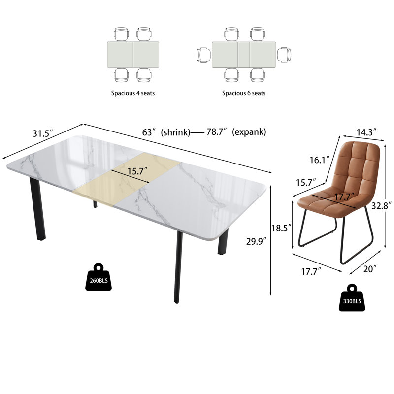 7 Piece Mdf Dining Table Set, Extendable Rectangular Table , Modern Kitchen Dining Table Set, Dining Table With 6 Dining Chairs