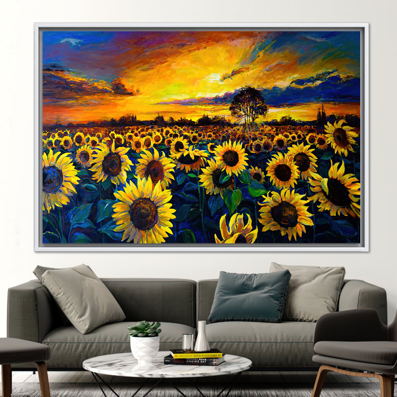 «Sunset Over Sunflower Field: Vibrant Nature», art sur toile pour la décoration intérieure, H 22 po x l 30 po, Blanc