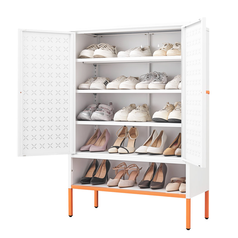 Double - Opening Butterfly Door Grid Shoe Rack Organizer, 15cm High Foot For Ventilation, Adjustable Shelves, White Metal Modern Home Cabinet With Dual Doors, Proof Foot, Three Compartments, Powder
