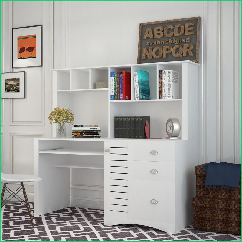 Bureaux | Bureau d'ordinateur l 59 po blanc antique avec rehausse et amp; Rangement | Panneau de fibres à densité moyenne