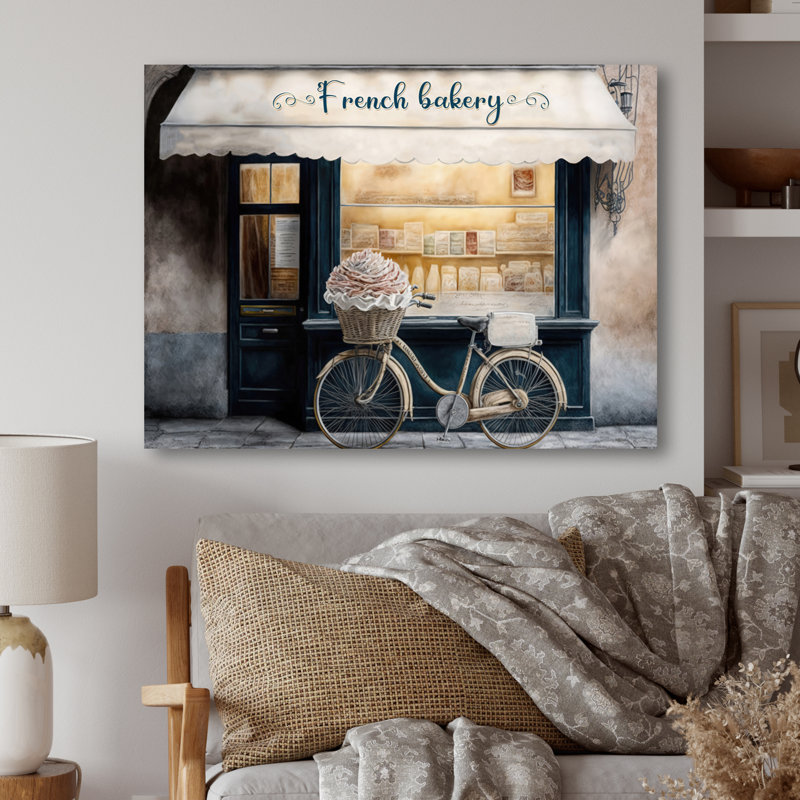 «Vélo devant une boulangerie française», art sur toile de plage côtière, H 16 po x l 32 po x P 1 po, Toile tendue