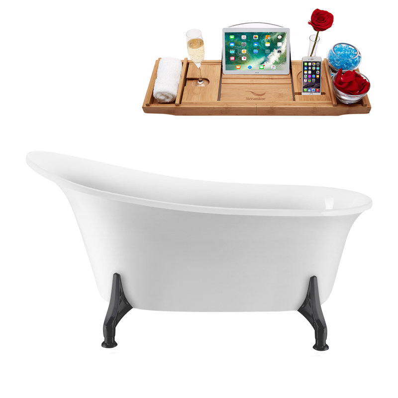 59" Streamline Clawfoot Soaking Acrylic Bathtub With Drain, Clawfeet, and Bamboo Tray, Brushed Nickel, Brushed Gun Metal
