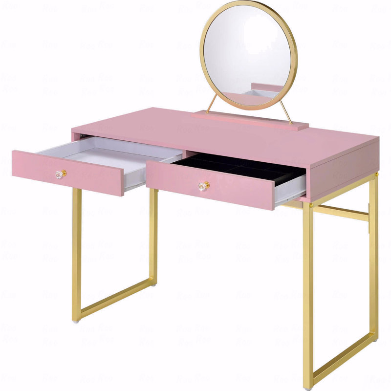 With 2 Drawers Vanity Desk (Makeup Vanity) With Mirror And Jewelry Tray, Pink And Gold