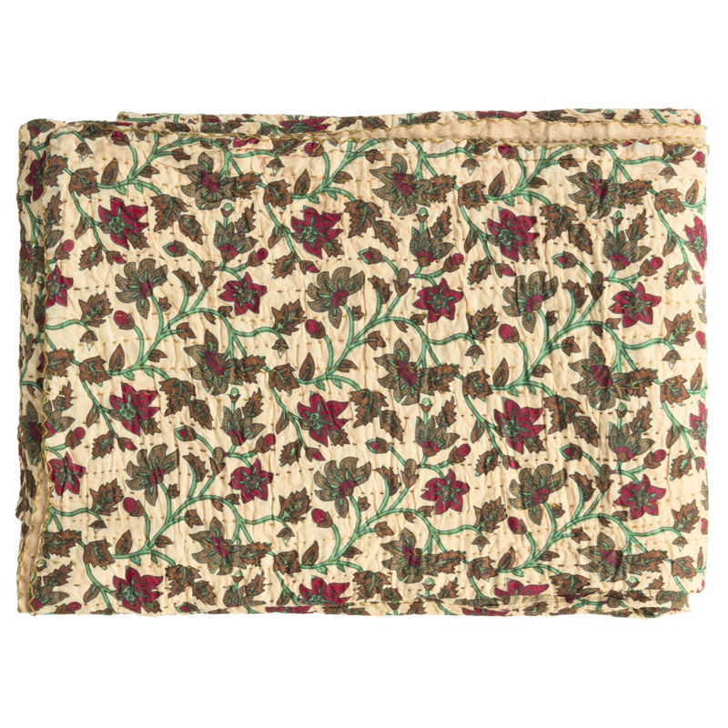 Couverture 100% coton KANTHA, Turquoise / rouge / jaune