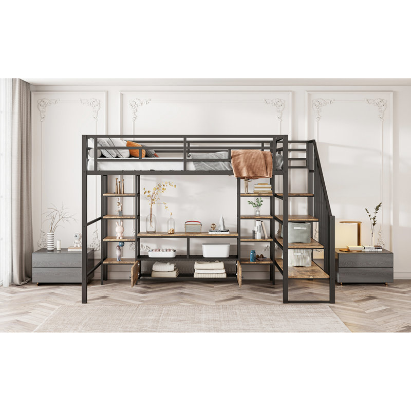 Full Size Metal Loft Bed With Staircase, Table & Shelves, Black - Modern Low Storage Functional