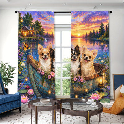 2PCS Adorable Chihuahua Dogs in Boat Sunset Lake Scene Print Thin Light Filtering Curtains, Cute Animal Themed Decor, Easy Hang Rod Pocket Design, All-Season for Home Living Room Bedroom Study Decoration