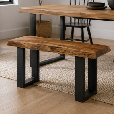 Berrin 36" Live Edge Solid Acacia Wood Bench with Black Metal Legs