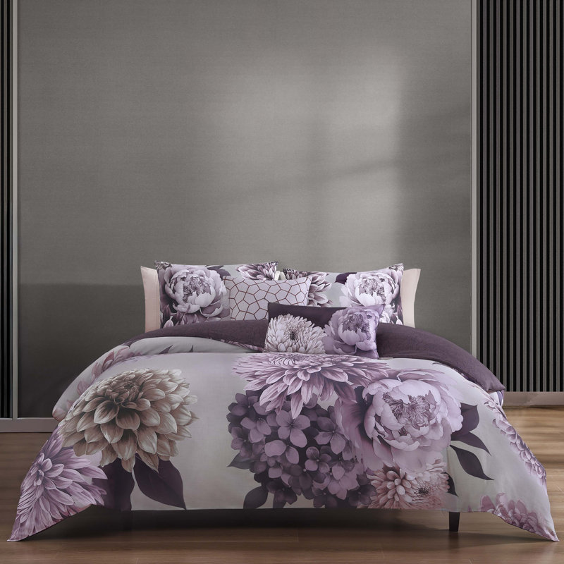 Bebejan Plum Petal 100% Cotton Sateen 5 Piece Reversible Comforter Set, King Comforter + 2 King Shams + 2 Throw Pillow