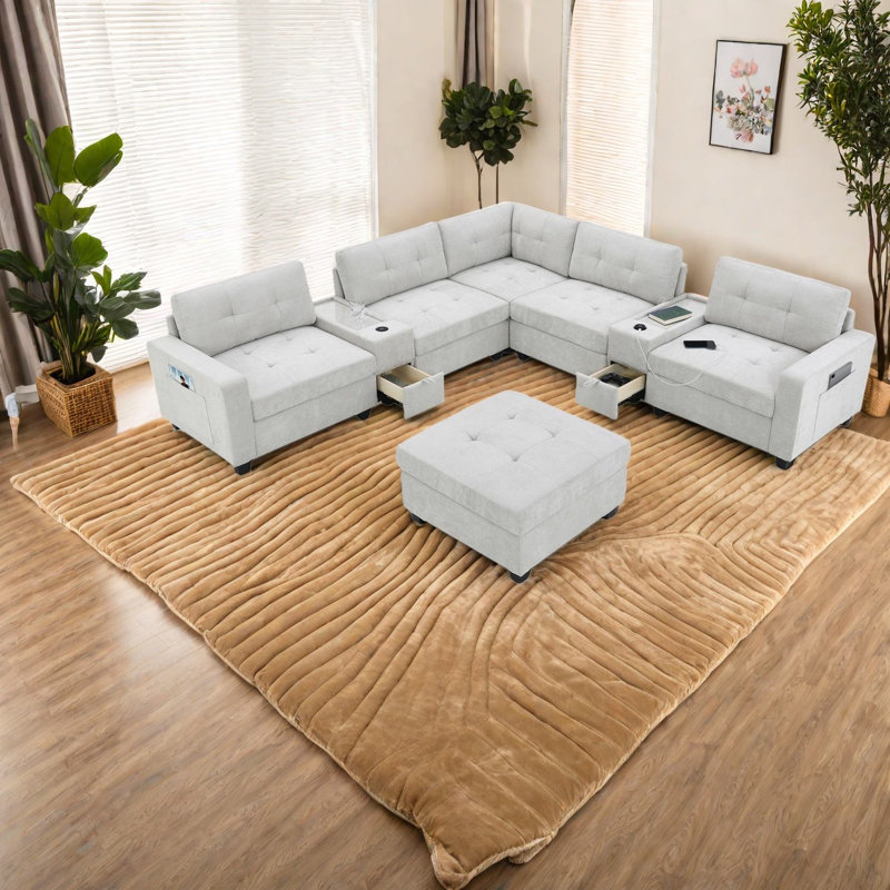 Canapé modulaire spacieux en chenille avec rangement et plateaux de table modernes en acrylique
