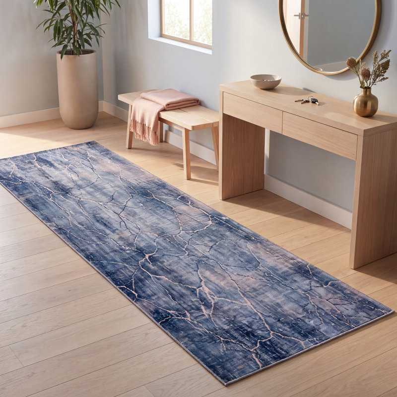 Tapis Abbey moderne à poils courts, style aquarelle abstraite, bleu marine, turquoise, gris, crème et rose, lavable à la machine, antidérapant, pour l'intérieur et l'extérieur, adapté aux animaux domestiques, idéal pour le salon, la chambre, la salle à manger, l'entrée, le couloir ou le bureau.